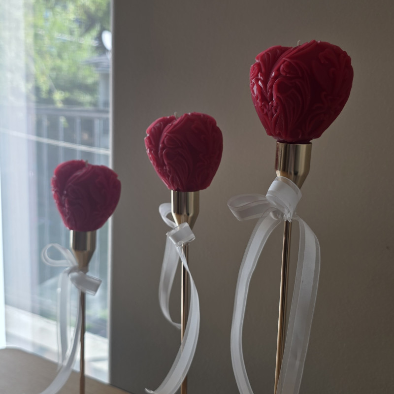 Set of Three Red Heart Candles in Holders